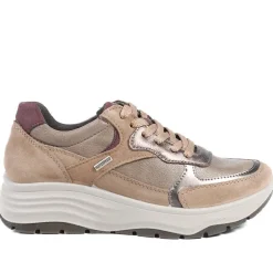 Adelia Wide Fit Leather Lace Up Trainers - Beige Multi