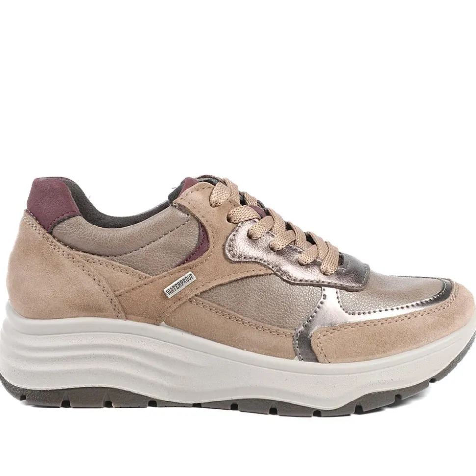 Adelia Wide Fit Leather Lace Up Trainers - Beige Multi