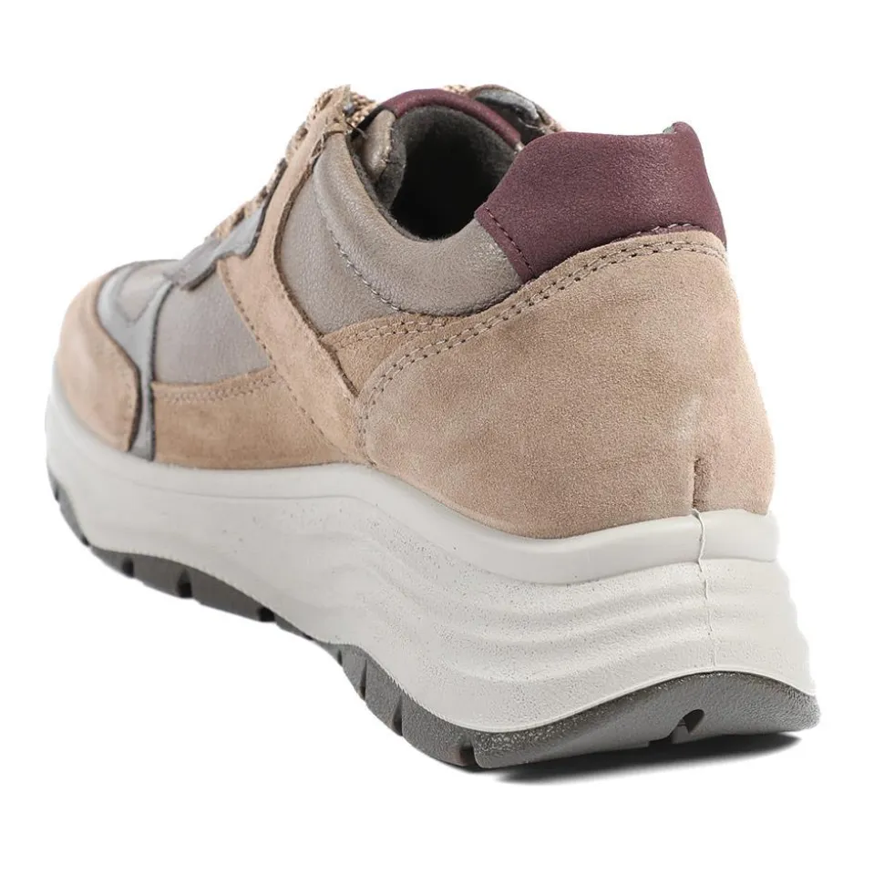 Adelia Wide Fit Leather Lace Up Trainers - Beige Multi