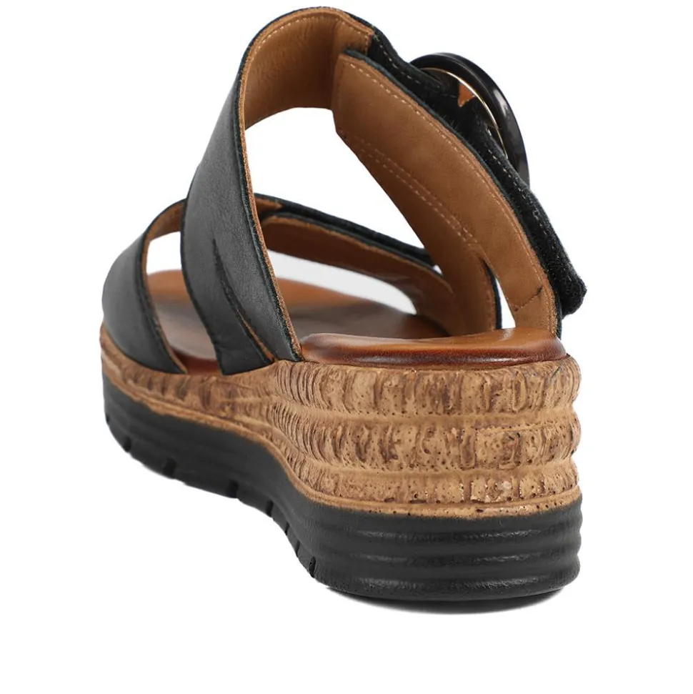 Adjustable Leather Wedge Sandals - Black