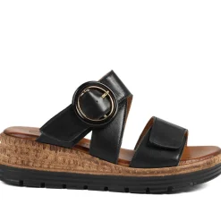 Adjustable Leather Wedge Sandals - Black