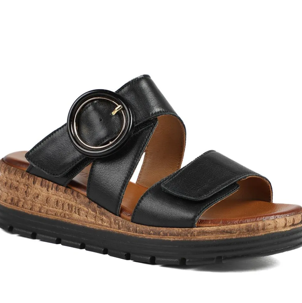 Adjustable Leather Wedge Sandals - Black