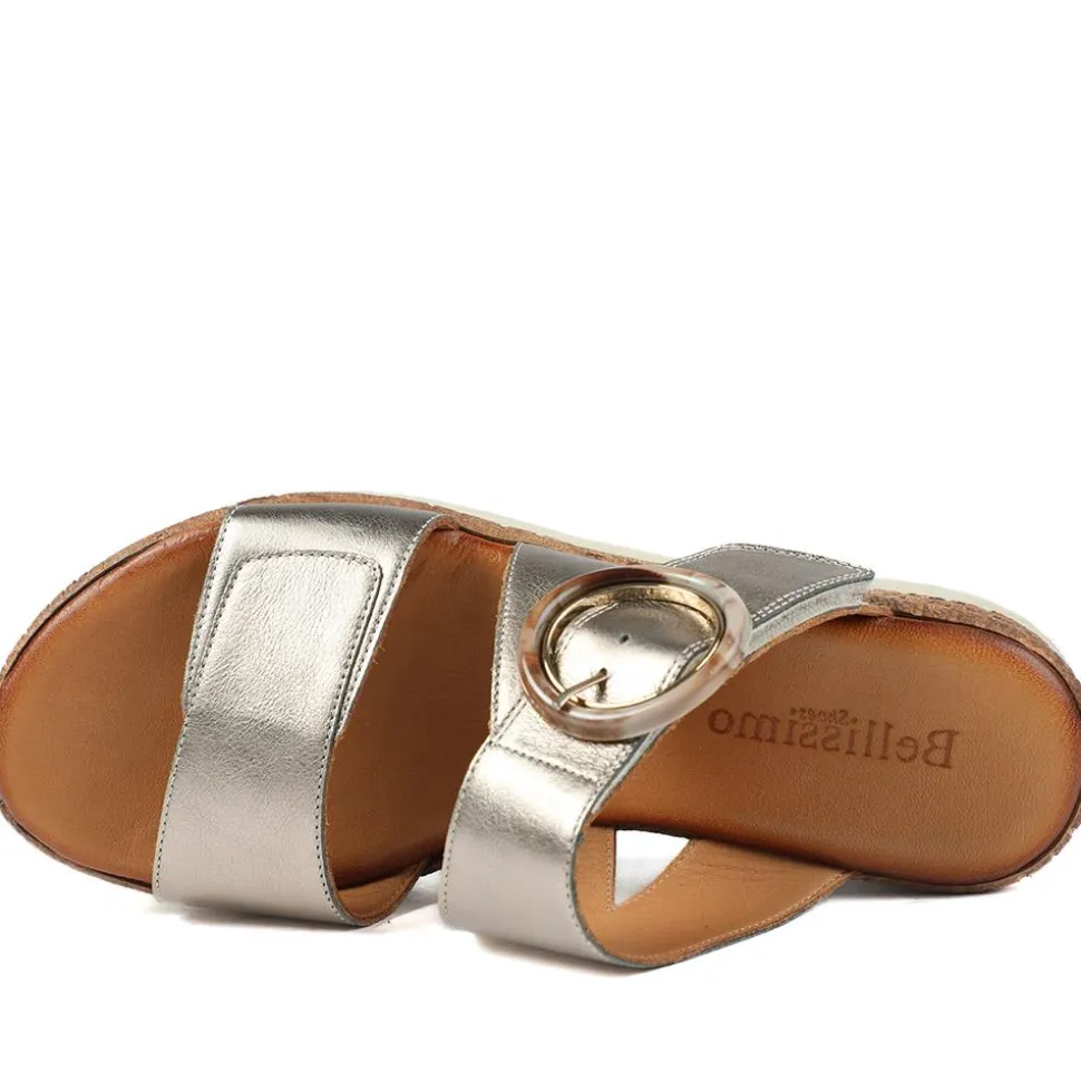 Adjustable Leather Wedge Sandals - Metallic