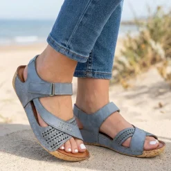 All Leather Adjustable Fasten Sandals - Blue