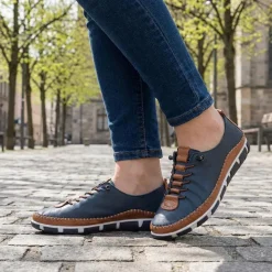 All Leather Lace Up Stitch Detail Shoes - Navy Tan