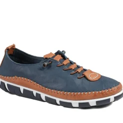 All Leather Lace Up Stitch Detail Shoes - Navy Tan