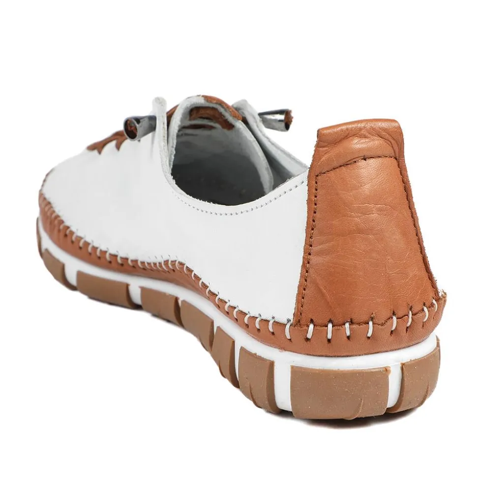 All Leather Lace Up Stitch Detail Shoes - White-Tan