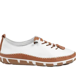 All Leather Lace Up Stitch Detail Shoes - White-Tan
