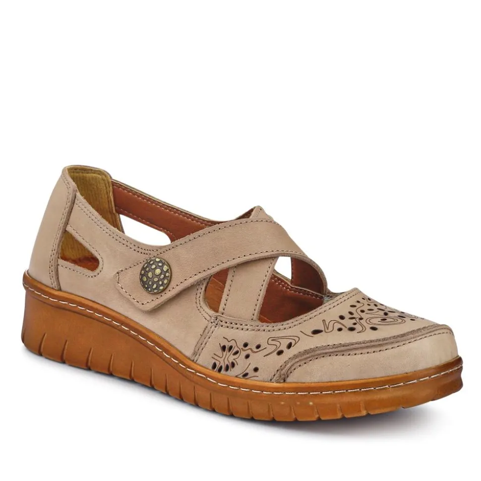 All-Leather Touch-Fasten Mary Janes - Beige