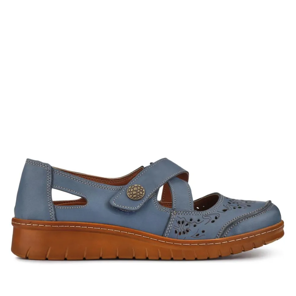 All-Leather Touch-Fasten Mary Janes - Denim