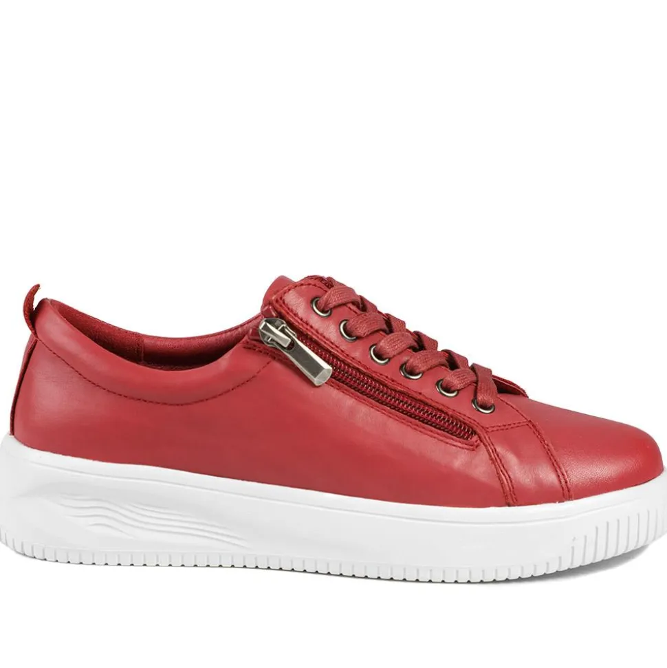 Anara Zip & Lace Leather Trainers - Red