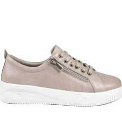 Anara Zip & Lace Leather Trainers - Stone