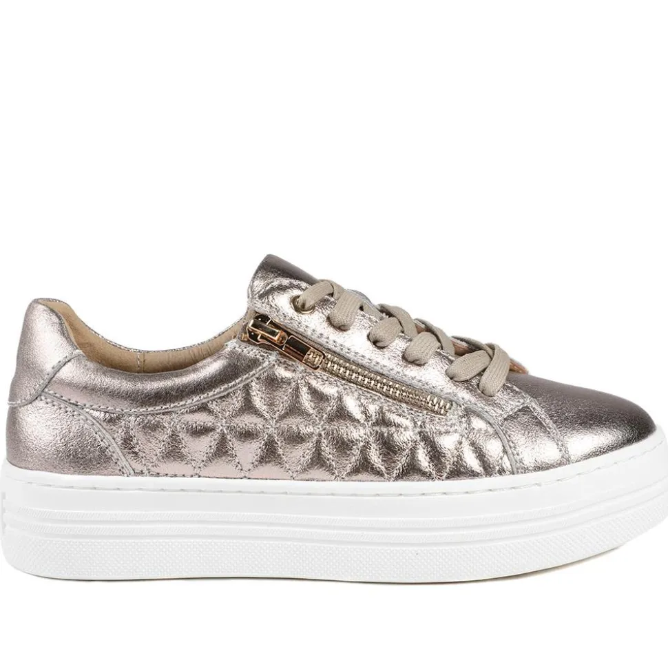 Arianna Quilted Leather Zip & Lace Trainers - Champagne