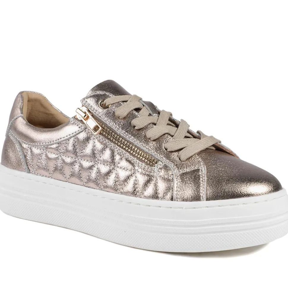 Arianna Quilted Leather Zip & Lace Trainers - Champagne