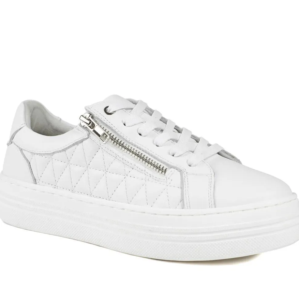 Arianna Quilted Leather Zip & Lace Trainers - White Leather
