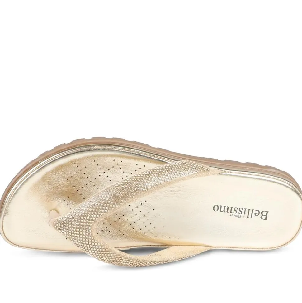 Bellissimo Cushioned Diamante Toe Post Sandals - Gold