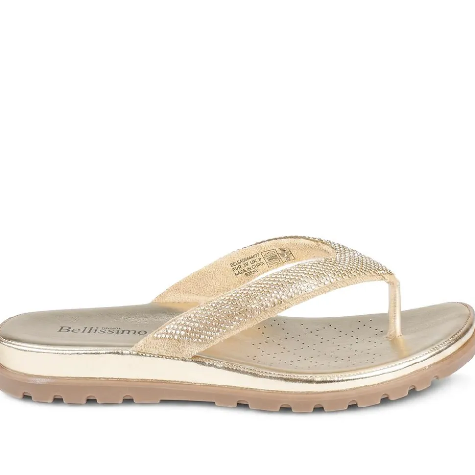 Bellissimo Cushioned Diamante Toe Post Sandals - Gold