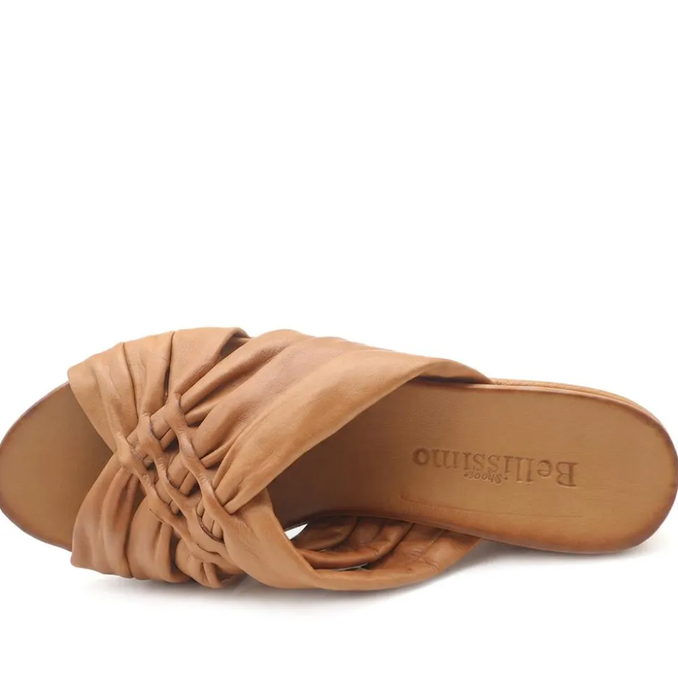 Bellissimo Leather Peep Toe Mule Sandals - Tan