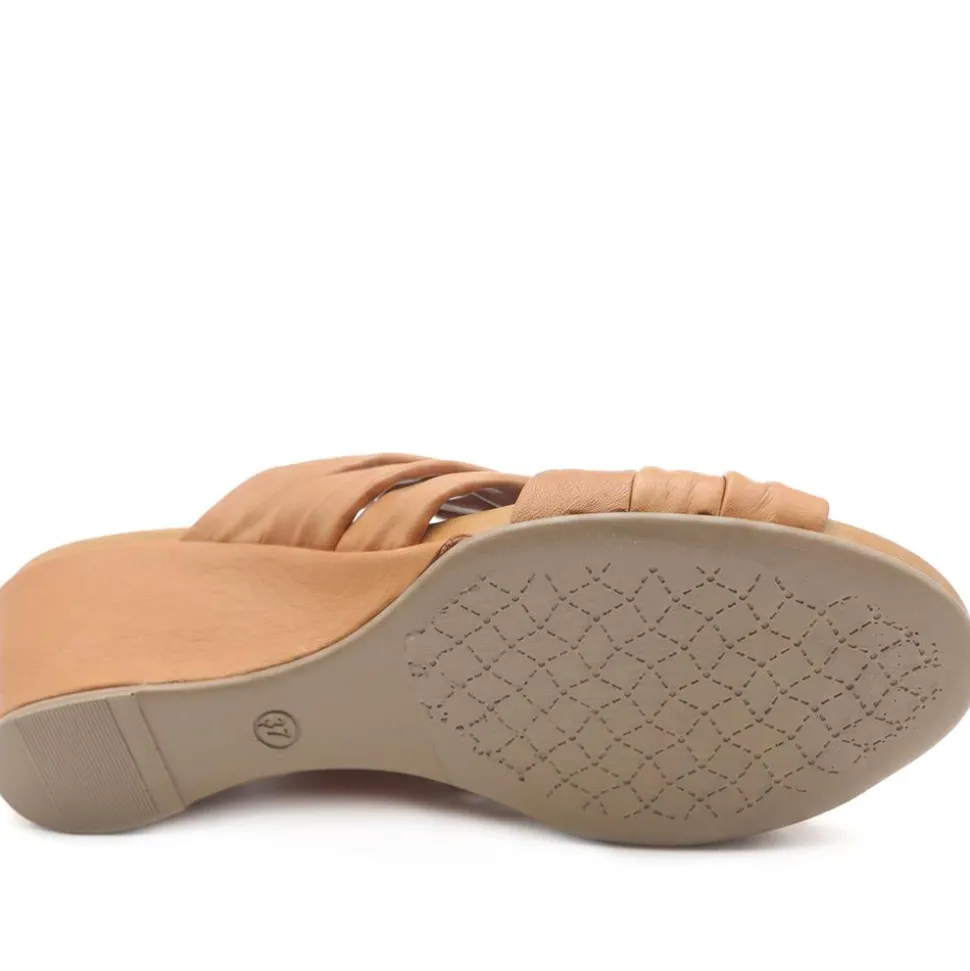 Bellissimo Leather Peep Toe Mule Sandals - Tan