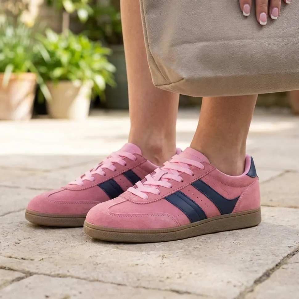 Bellissimo Leather Striped Lace Up Trainers - Pink