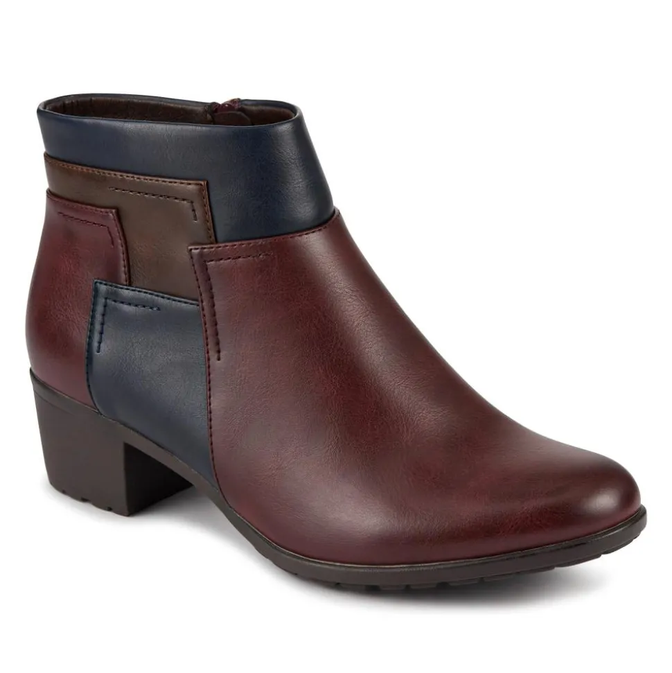 Block Heel Ankle Boots With Inside Zip - Burgundy Multi