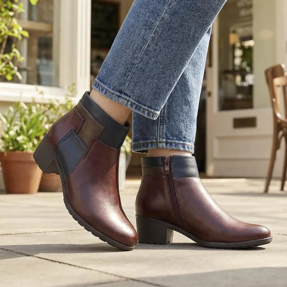 Block Heel Ankle Boots With Inside Zip - Burgundy Multi