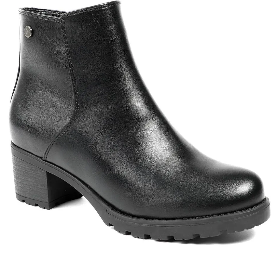 Block-Heeled Ankle Boots - Black Pu
