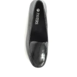 Block Heeled Court Shoes - Black Patent Croc