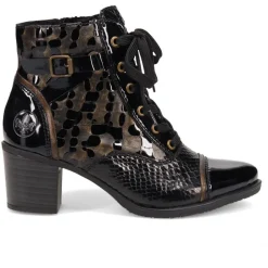 Block-Heeled Leather Ankle Boots - Black Croc