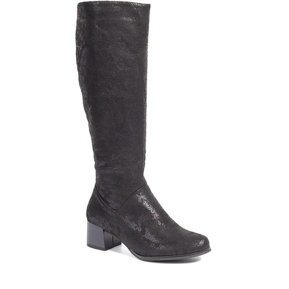 Block-Heeled Long Boots - Black