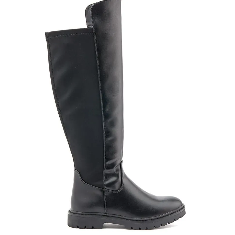 Block-Heeled Long Boots - Black