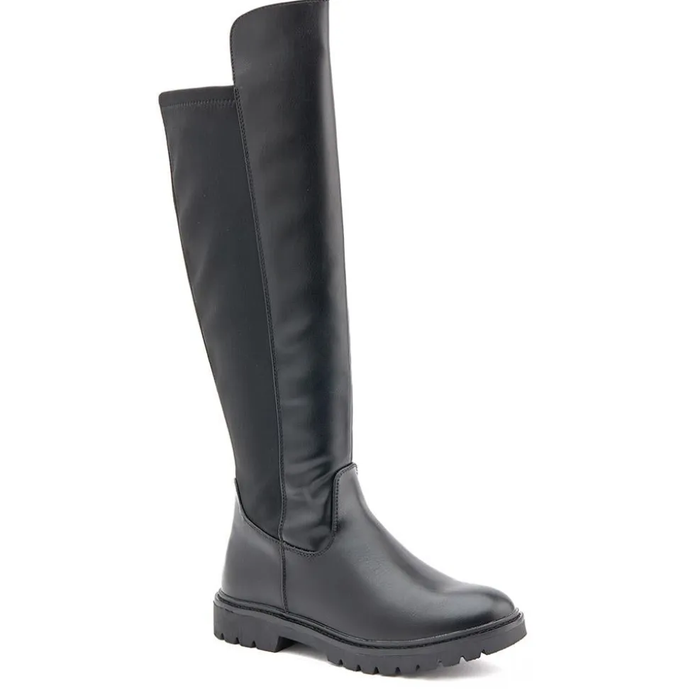 Block-Heeled Long Boots - Black