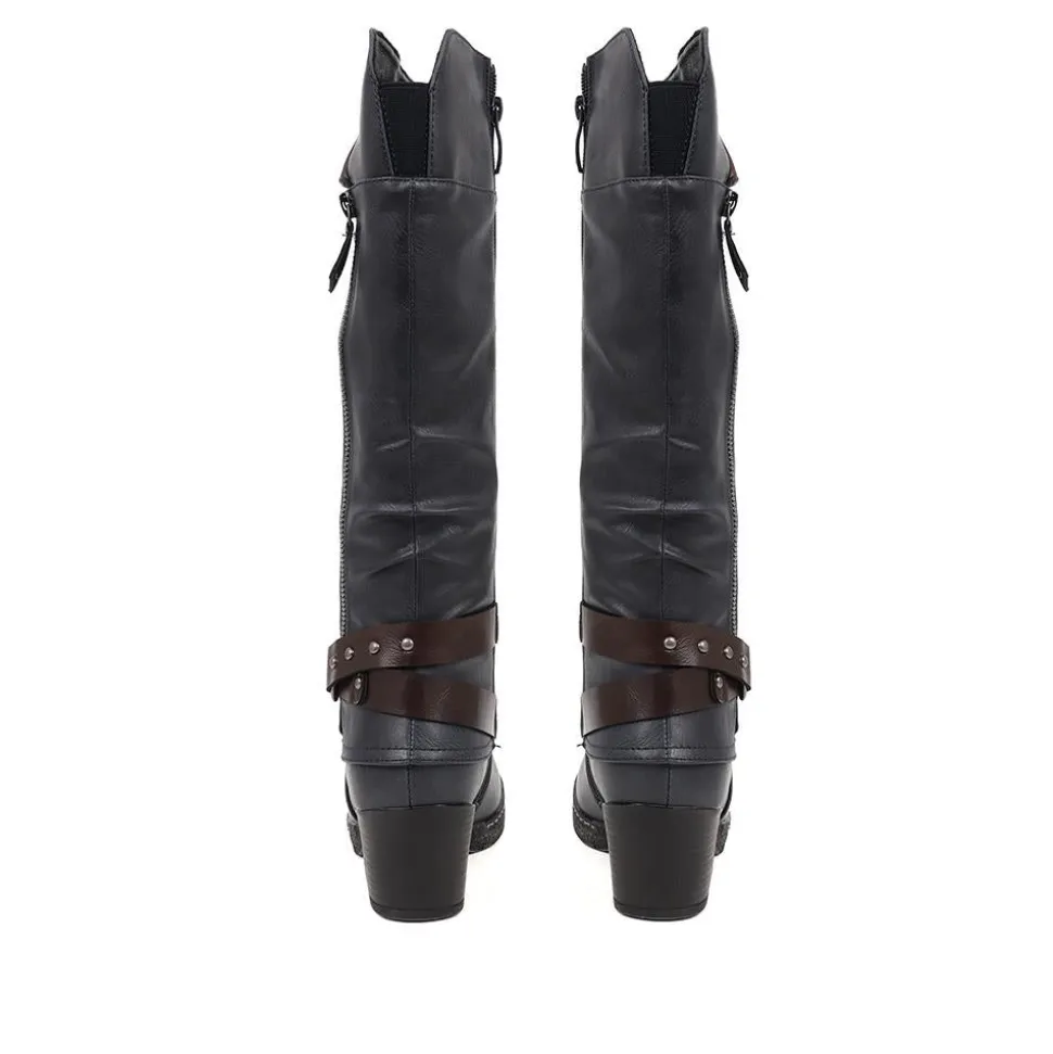 Block-Heeled Long Boots - Blue