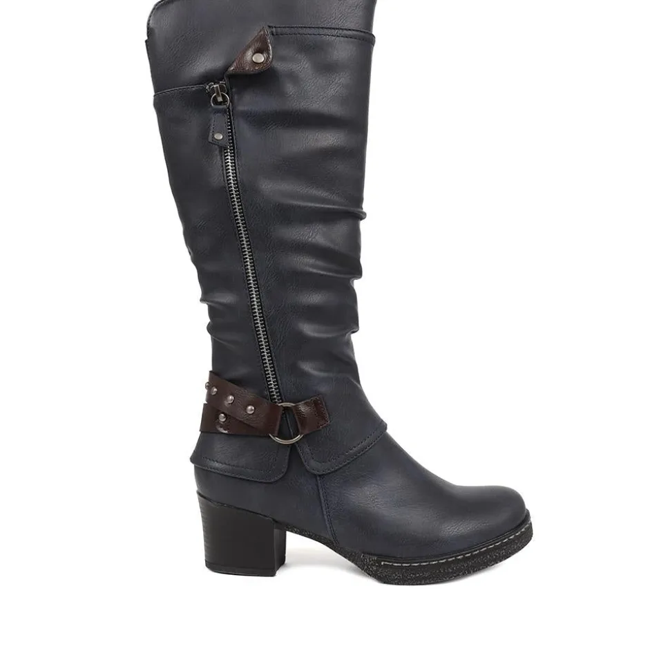 Block-Heeled Long Boots - Blue