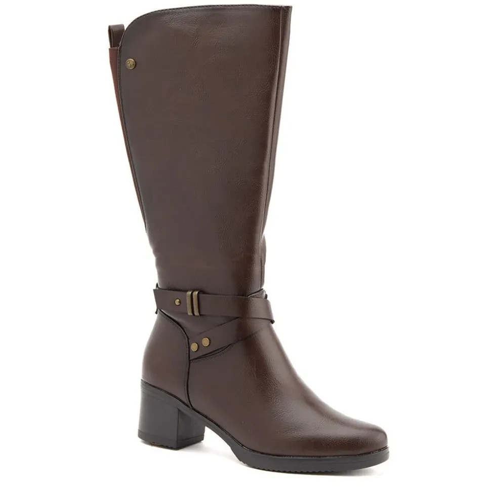 Block-Heeled Long Boots - Chocolate