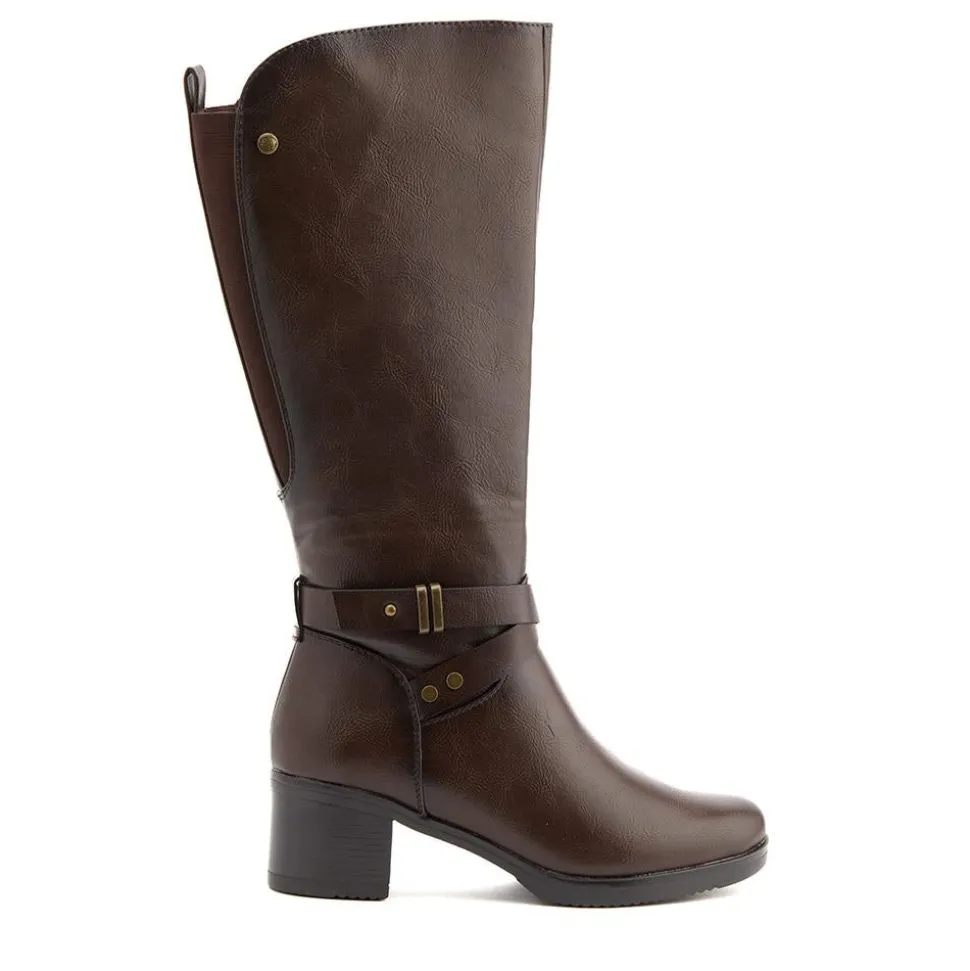 Block-Heeled Long Boots - Chocolate