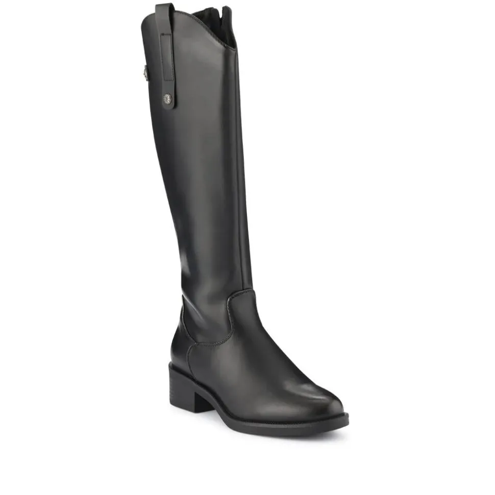 Block-Heeled Slip-On Long Boots - Black