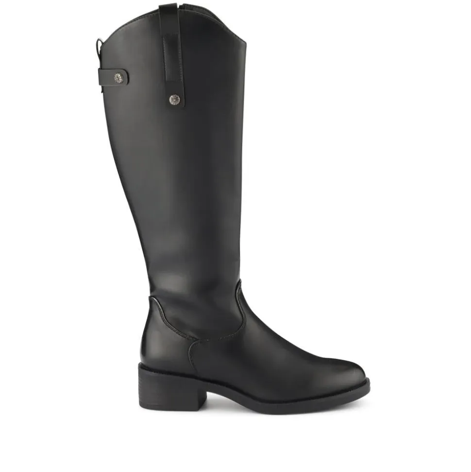 Block-Heeled Slip-On Long Boots - Black