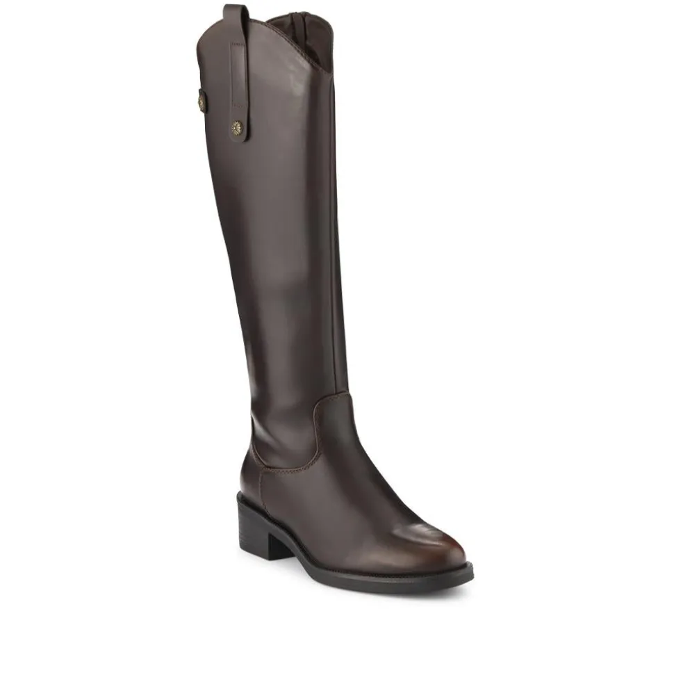 Block-Heeled Slip-On Long Boots - Dark Brown