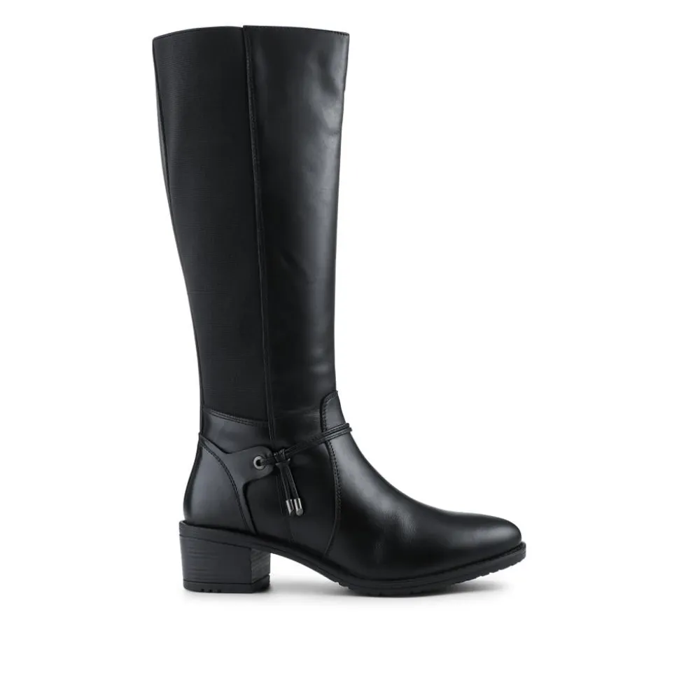 Block Heel Leather Stretch Calf Long Boots - Black