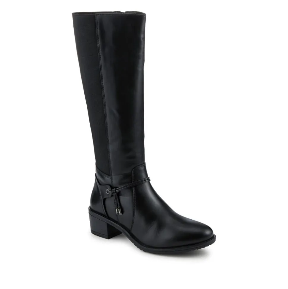 Block Heel Leather Stretch Calf Long Boots - Black