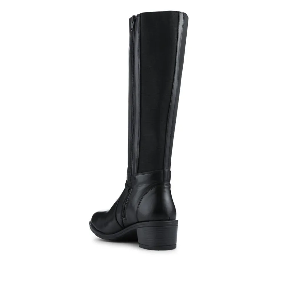 Block Heel Leather Stretch Calf Long Boots - Black