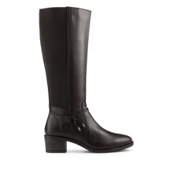 Block Heel Leather Stretch Calf Long Boots - Dark Tan