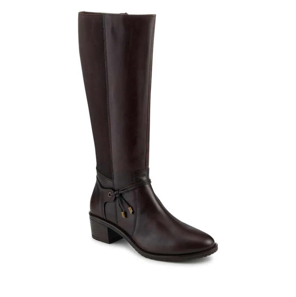 Block Heel Leather Stretch Calf Long Boots - Dark Tan