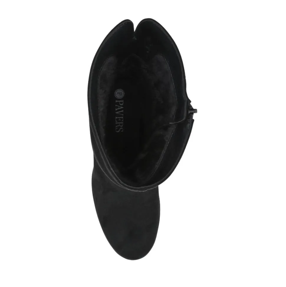 Block Heel Long Boots - Black Faux Suede