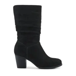Block Heel Long Boots - Black Faux Suede