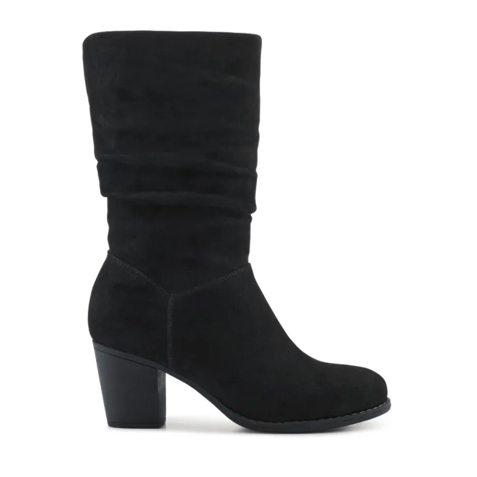 Block Heel Long Boots - Black Faux Suede