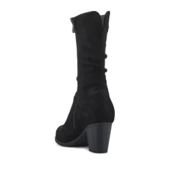 Block Heel Long Boots - Black Faux Suede