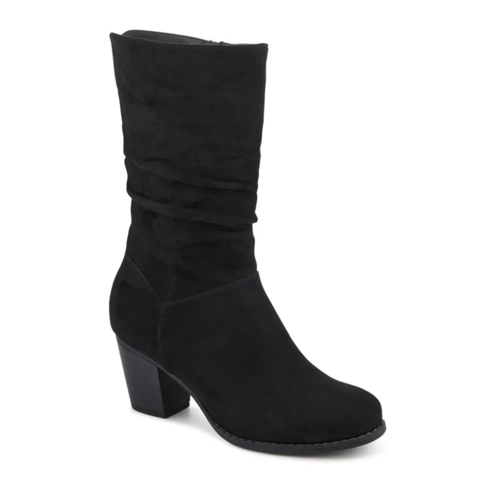 Block Heel Long Boots - Black Faux Suede