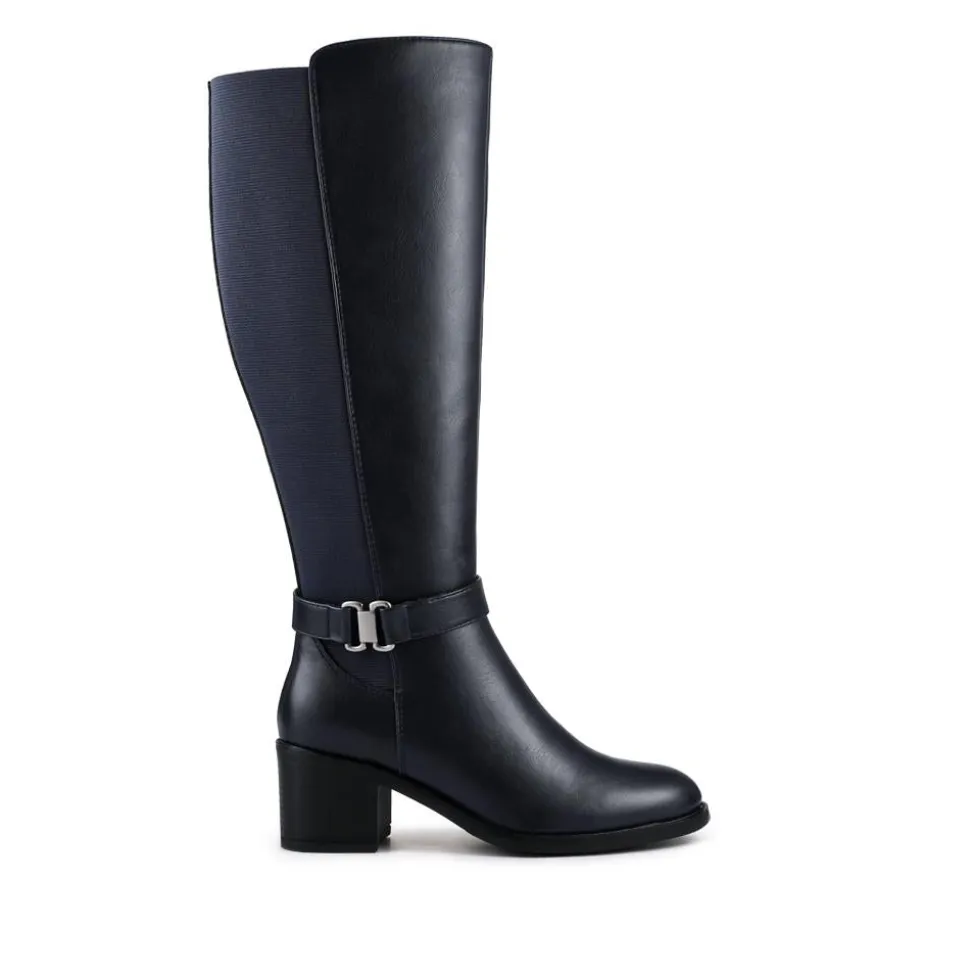 Block Heel Long Boots - Navy